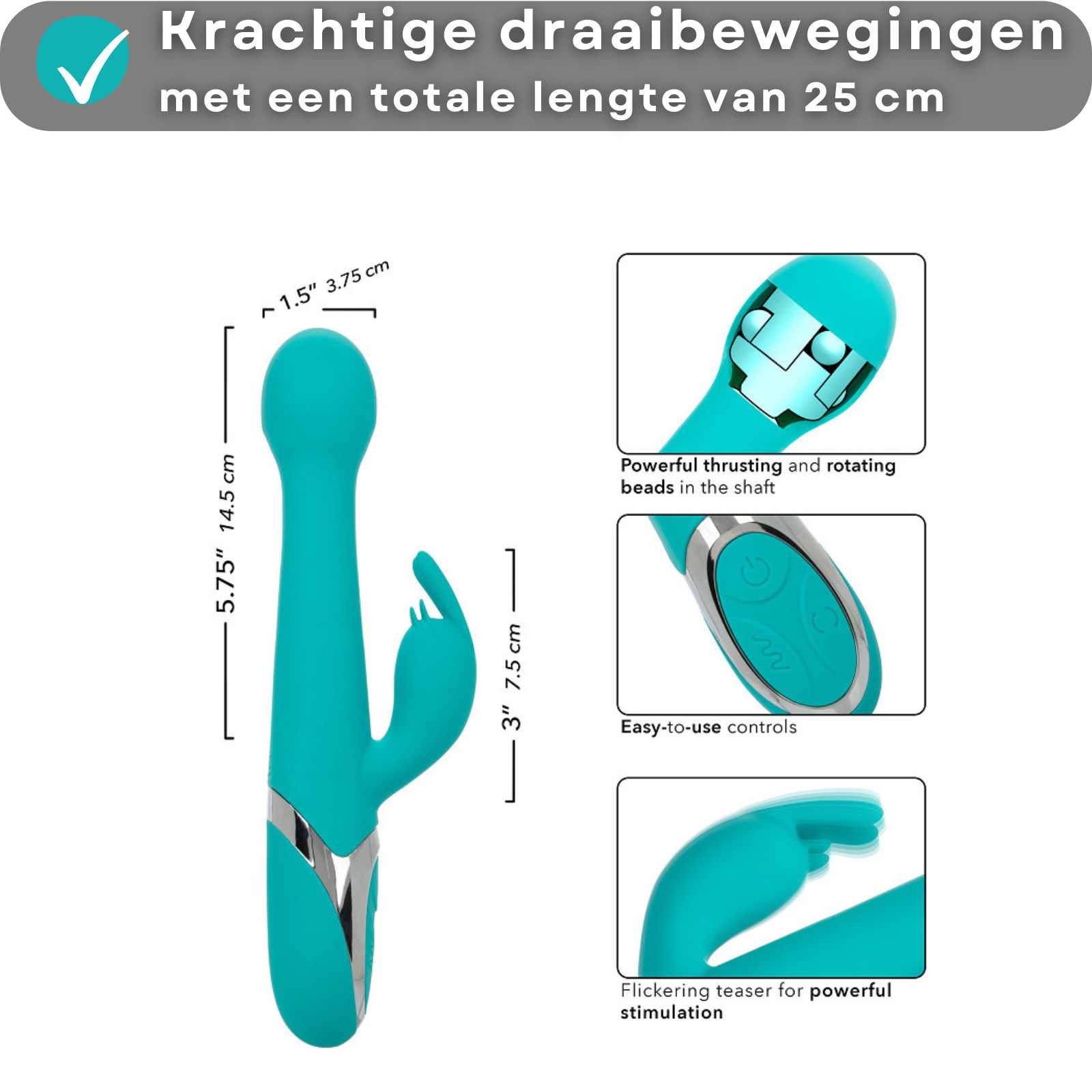 Turquoise vibrator met gebogen vorm. Met USB-oplaadkabel.