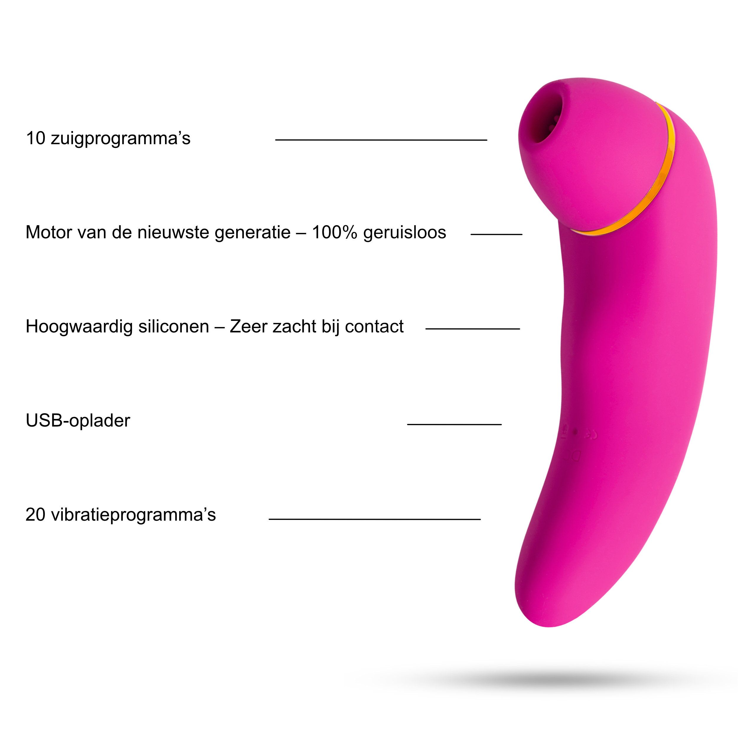 Roze clitorisstimulator met dildo-functie. Kenmerken: 10 zuigprogramma's, siliconen, USB-lader.