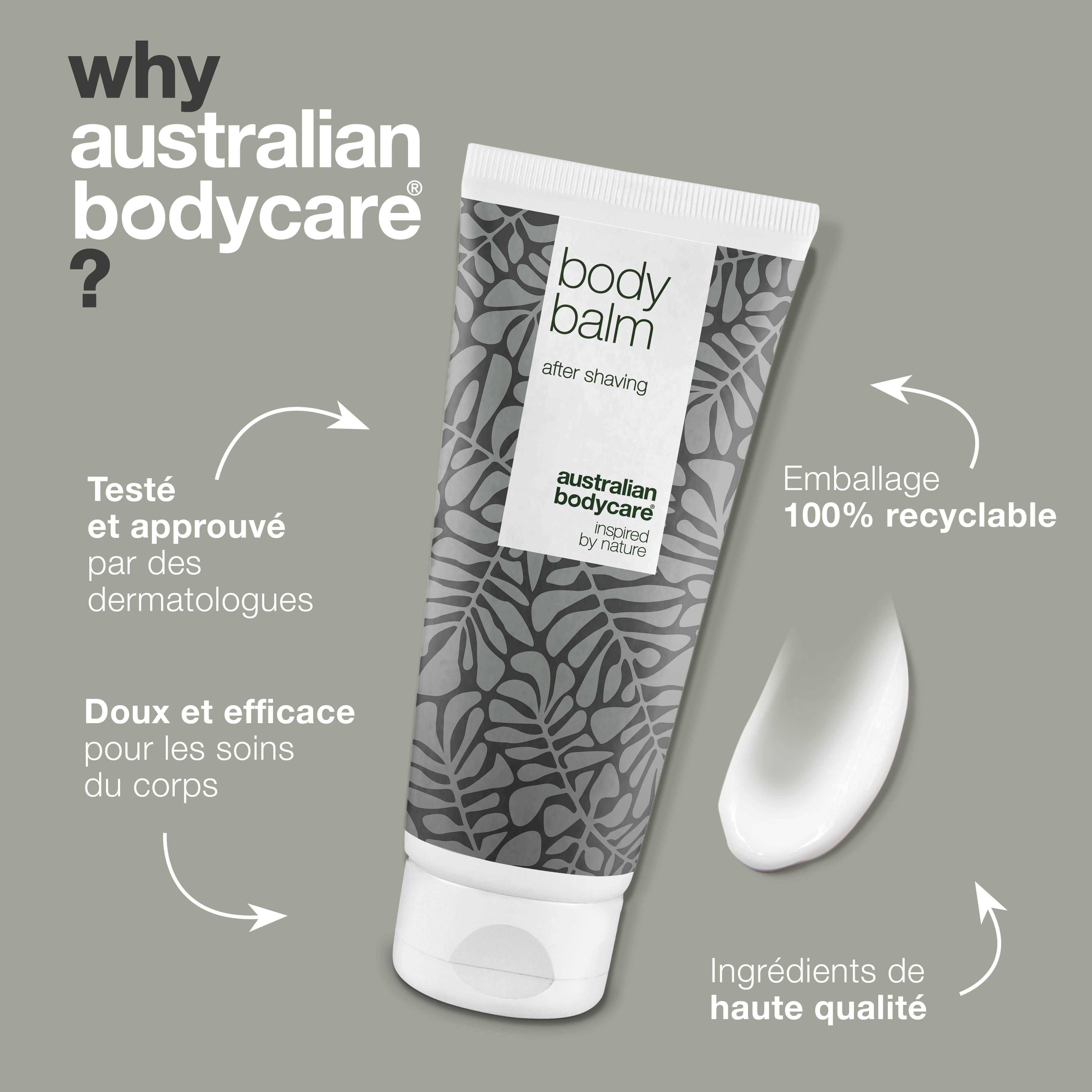 Tube de baume après-rasage avec texte. Inscription : Body Balm, After Shaving, Australian Bodycare, inspiré par la nature.
