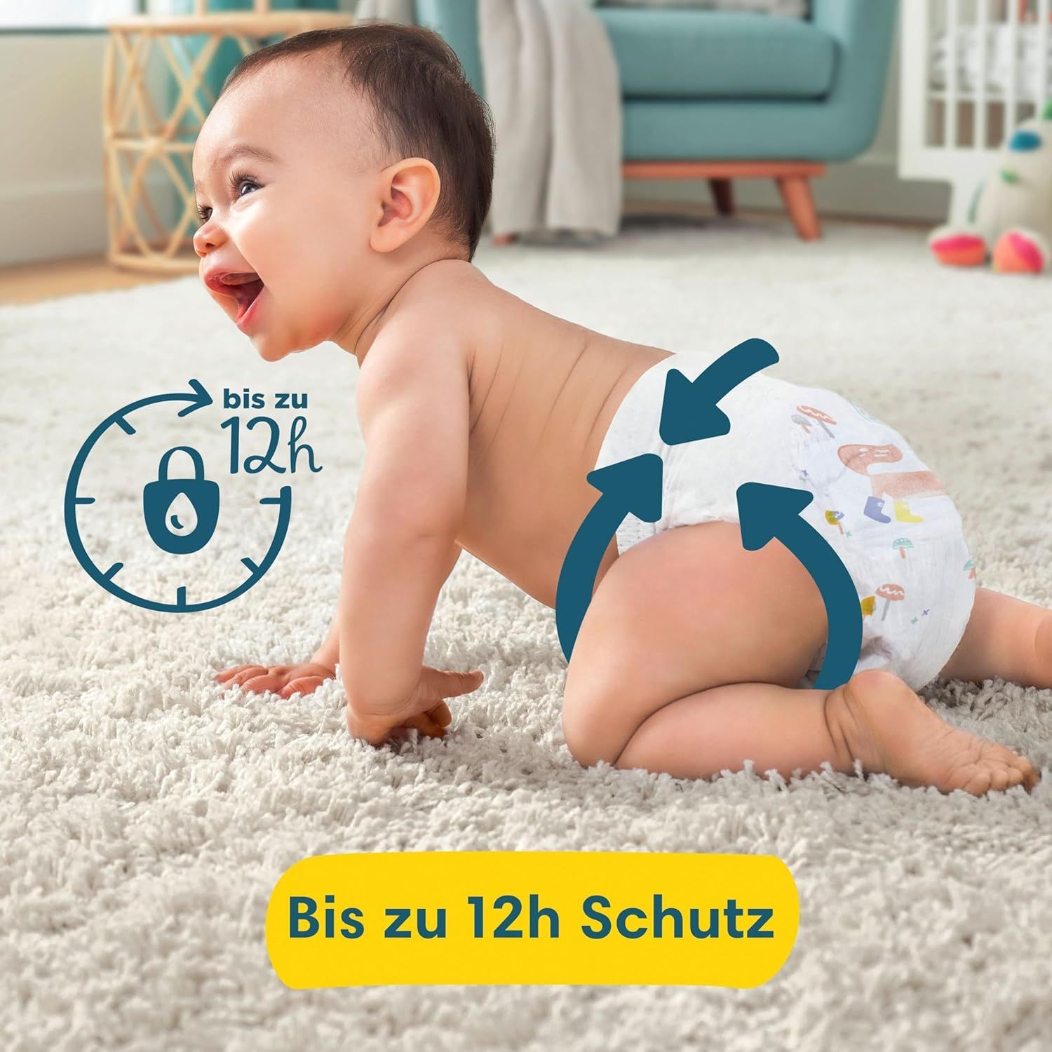 Bébé rampe avec une couche Pampers. Jusqu'à 12h de protection contre l'humidité. Flèches indiquent la protection.