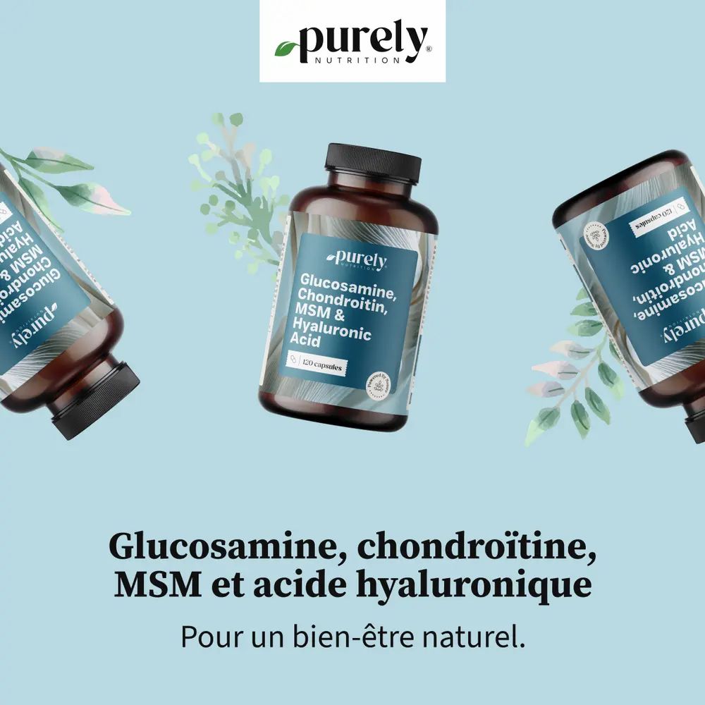 Trois flacons avec capsules. Inscription: Purely, Glucosamine, Chondroïtine, MSM & Acide hyaluronique. Texte: bien-être naturel.
