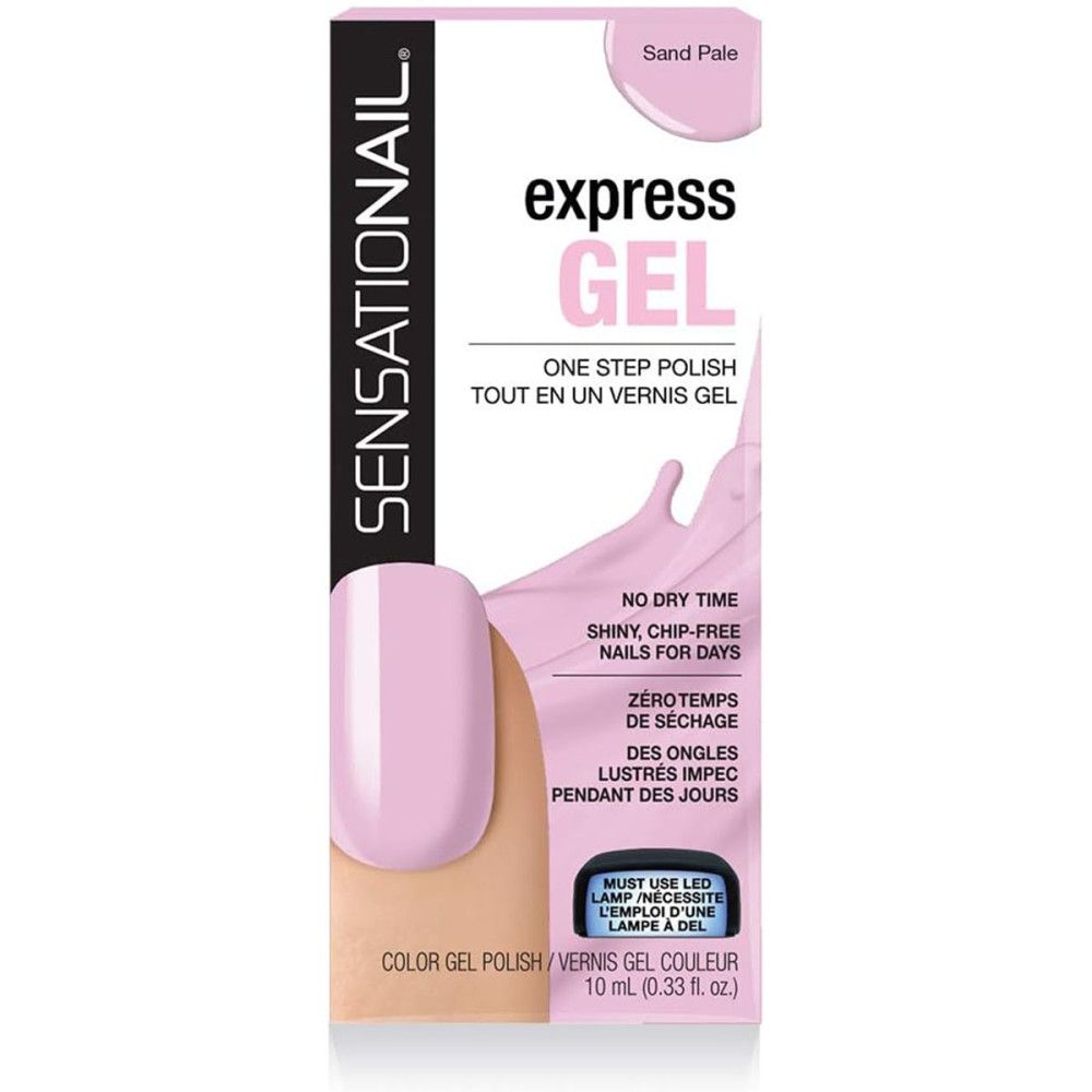 Emballage de vernis gel Sensationail Express. Teinte rose, nom du produit, texte.
