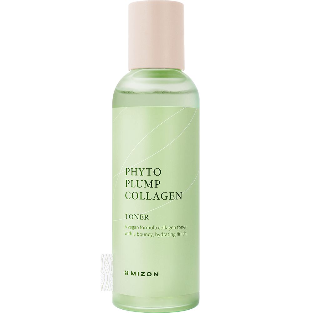 Groene fles met roze dop. Opschrift: Phyto Plump Collagen Toner. Merk: MIZON.