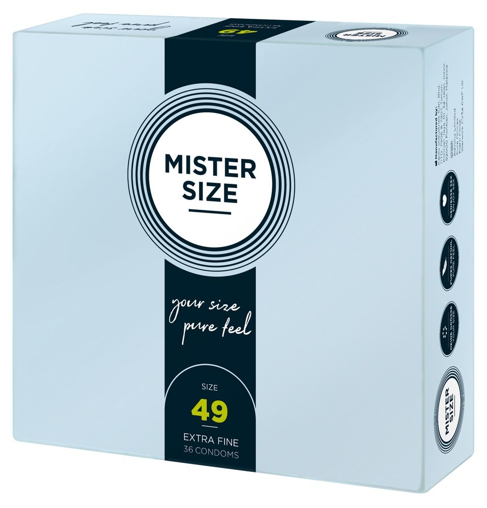 Pack de préservatifs MISTER SIZE 49, 36 unités, Pure Feel, emballage bleu clair.
