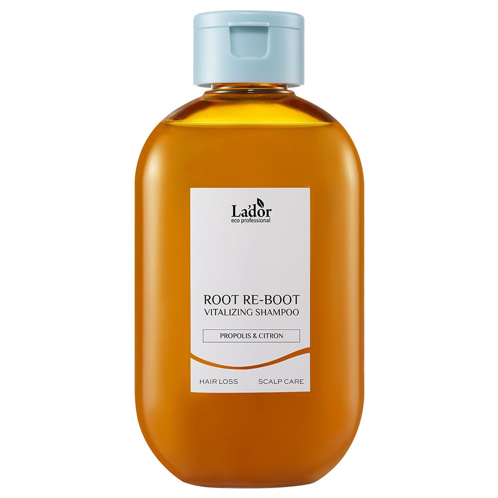 Bouteille de shampooing vitalisant Lador Root Re-Boot avec Propolis & Citron pour la perte de cheveux et le soin du cuir chevelu.