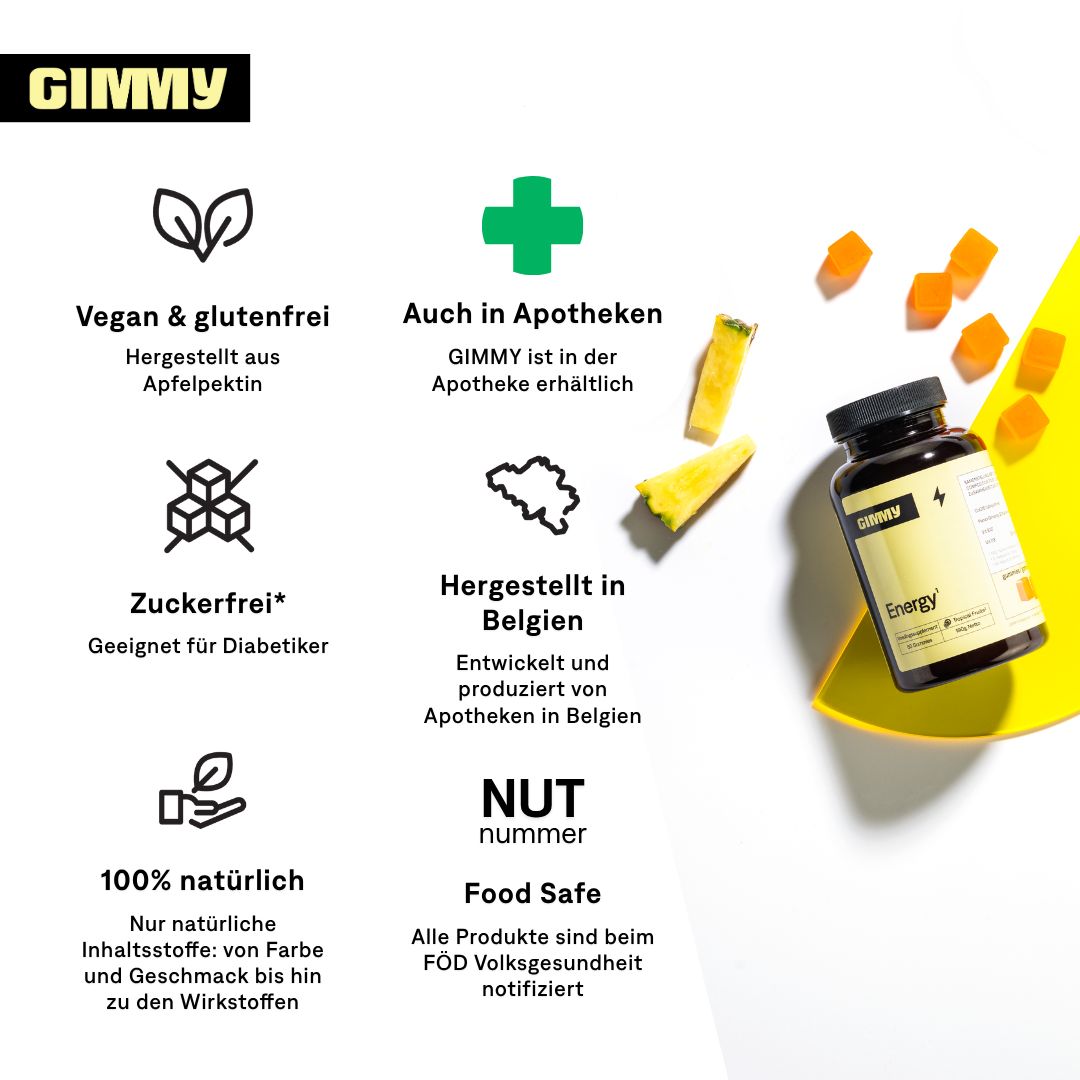 Bouteille et gommes. Texte : Vegan et sans gluten, sans sucre, 100% naturel, aussi en pharmacie, fabriqué en Belgique, Food Safe.