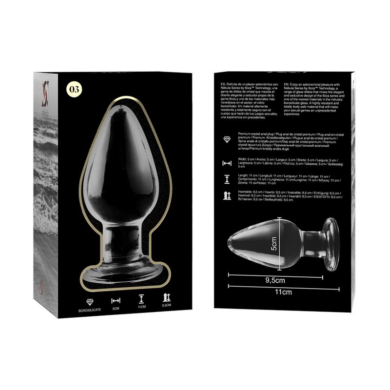 Plug anal en cristal avec base large, 9,5 cm de long, 5 cm de large.