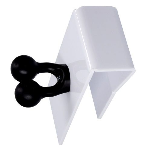 Tablette blanche en forme de V avec un élément noir à double boule.