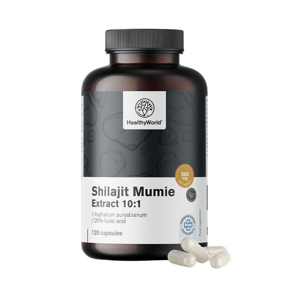 Flacon marron avec gélules. Inscription: Shilajit Mumie Extract 10:1, 20% acide fulvique. 120 gélules.