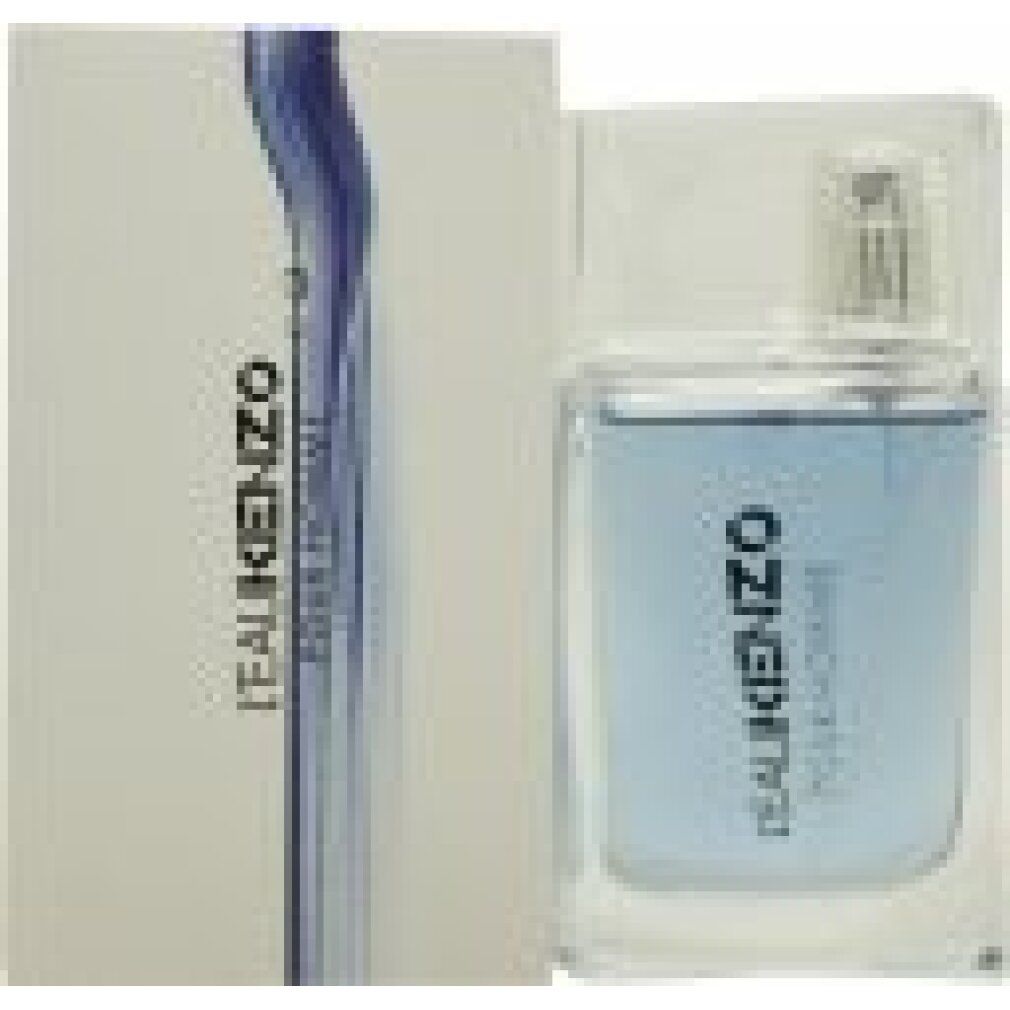 Flacon et emballage L'Eau Kenzo Pour Homme. Flacon en verre transparent avec eau de parfum bleue et vaporisateur argenté.