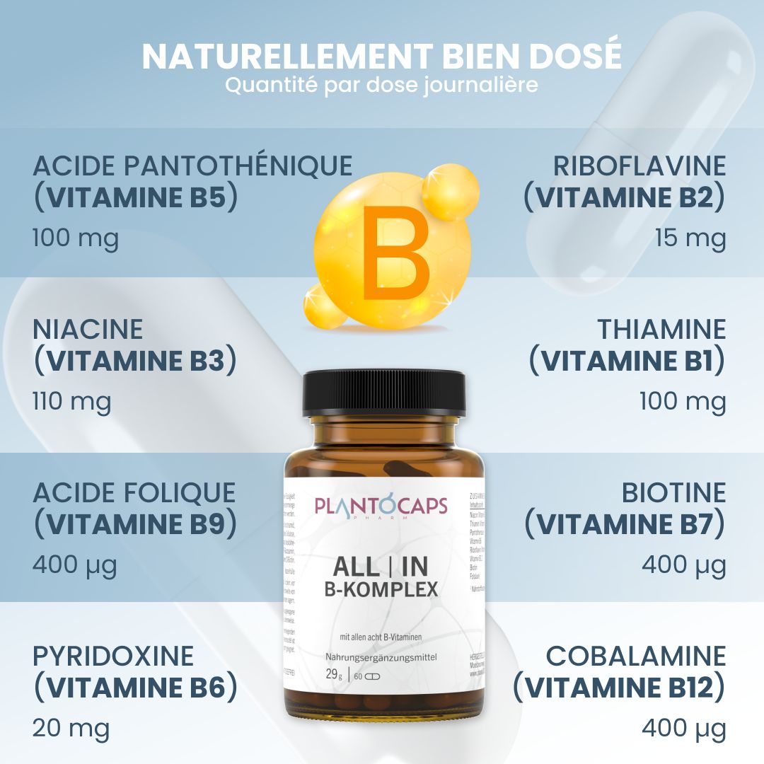 Flacon PLANTOCAPS ALL | IN B-KOMPLEX entouré de représentations des huit vitamines B avec leurs quantités.