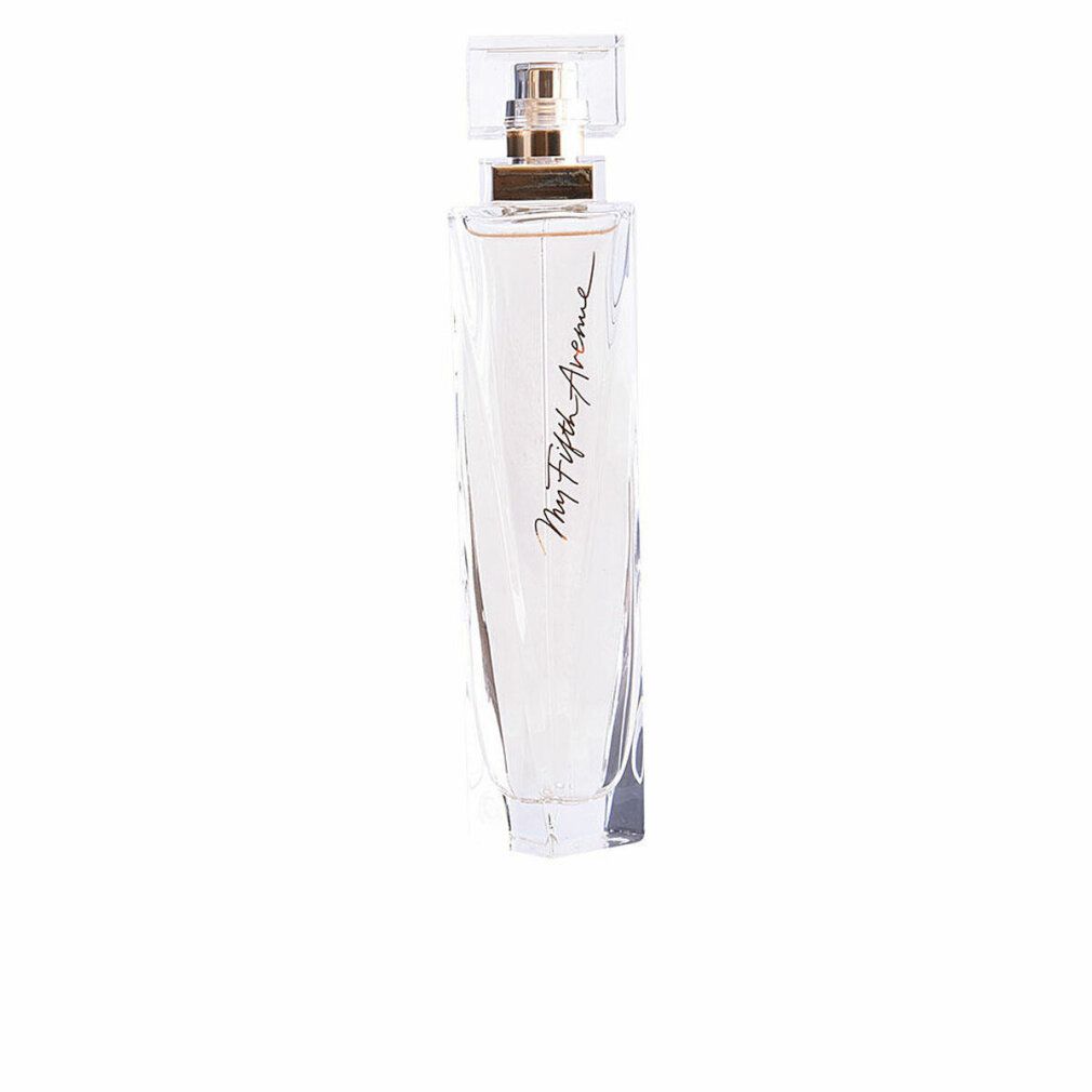 Flacon de parfum transparent, rectangulaire. Inscription: My Fifth Avenue. Bouchon transparent. Tête de pulvérisation dorée.