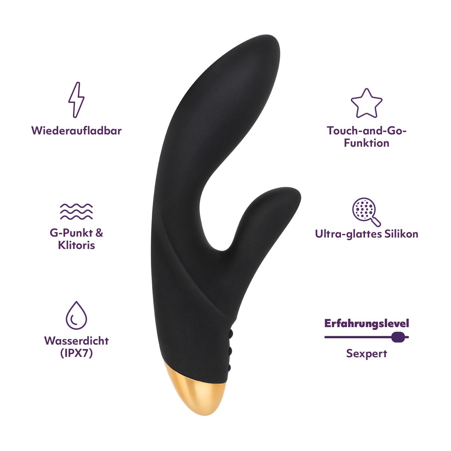 Vibrateur lapin noir avec accent doré. Caractéristiques : Rechargeable, Point G & Clitoris, Étanche (IPX7), Touch-and-Go, Silicone ultra-lisse.