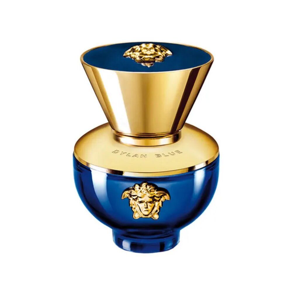 Flacon bleu avec bouchon doré et logo Méduse. Inscription 'Dylan Blue'.