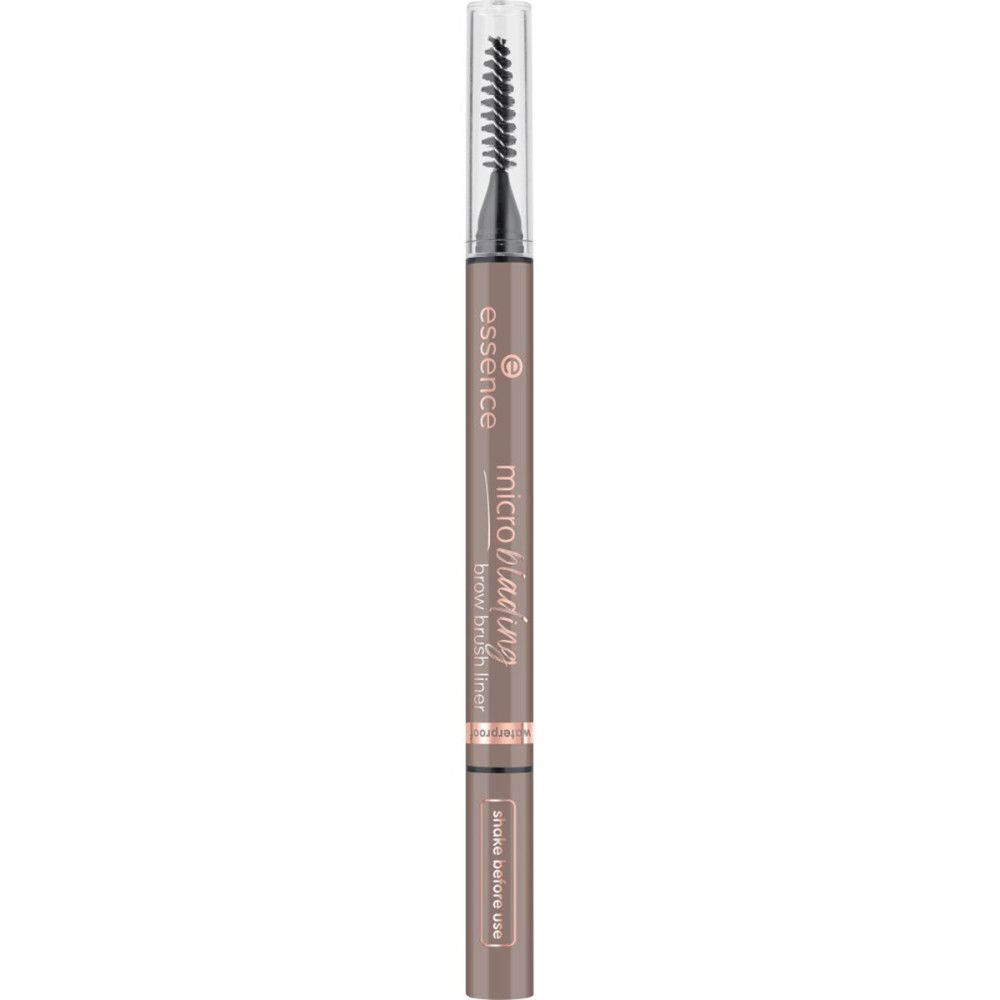 Crayon à sourcils avec brosse. Marque : Essence. Microblading Brow Brush Liner. Crayon brun clair avec capuchon transparent.