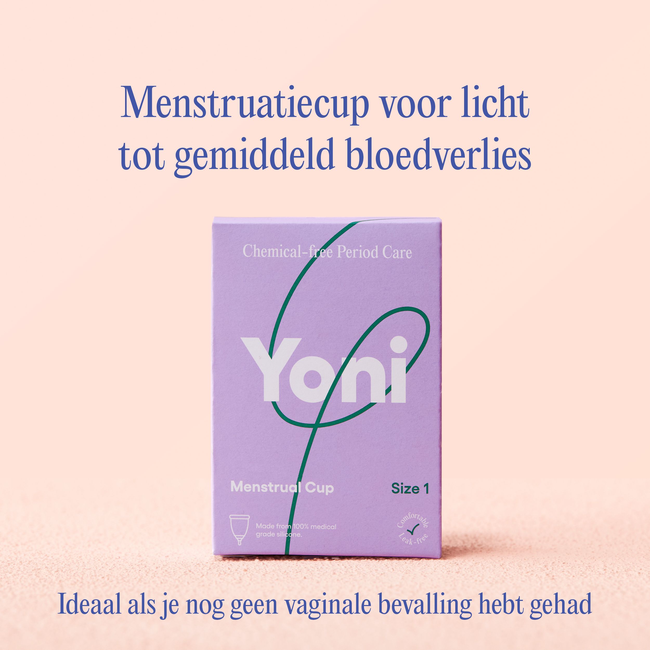 Yoni menstruatiecup maat 1 verpakking op roze achtergrond.