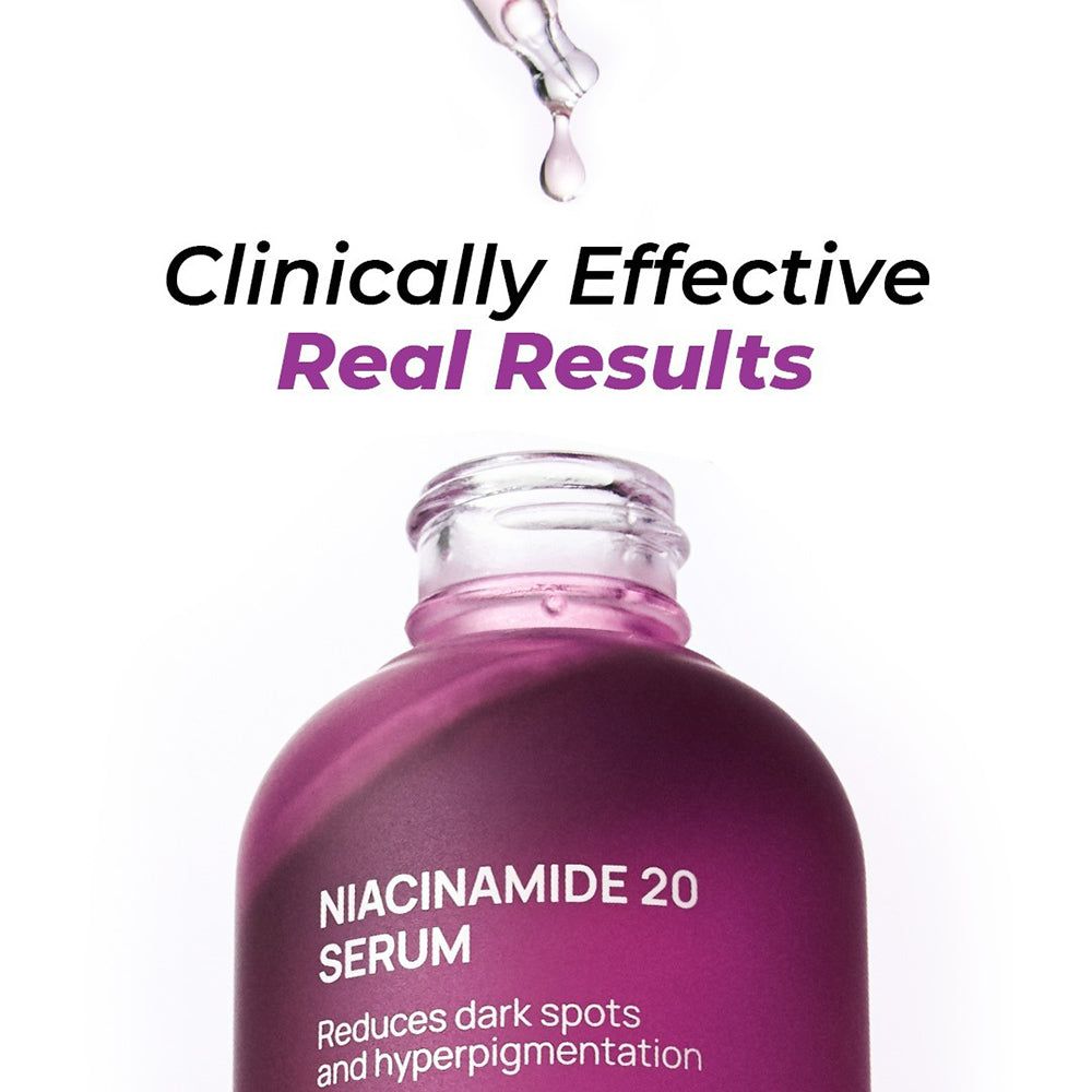 Fles met Niacinamide 20 serum en druppelaar die een druppel afgeeft. Vermindert donkere vlekken en hyperpigmentatie.