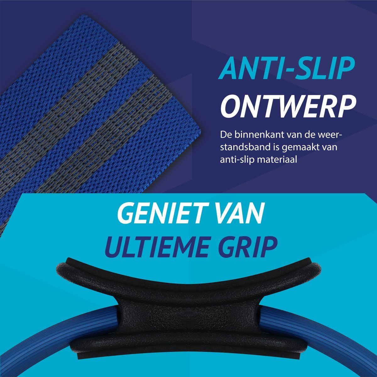 Gros plan sur la bande de résistance bleue avec design antidérapant gris et poignée noire de l'anneau Pilates.