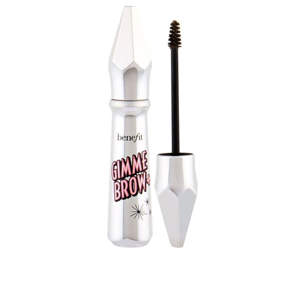 Zilveren tube met zwarte borstel. Opschrift: Benefit Gimme Brow+. Zwarte borstel met bruine vezels.