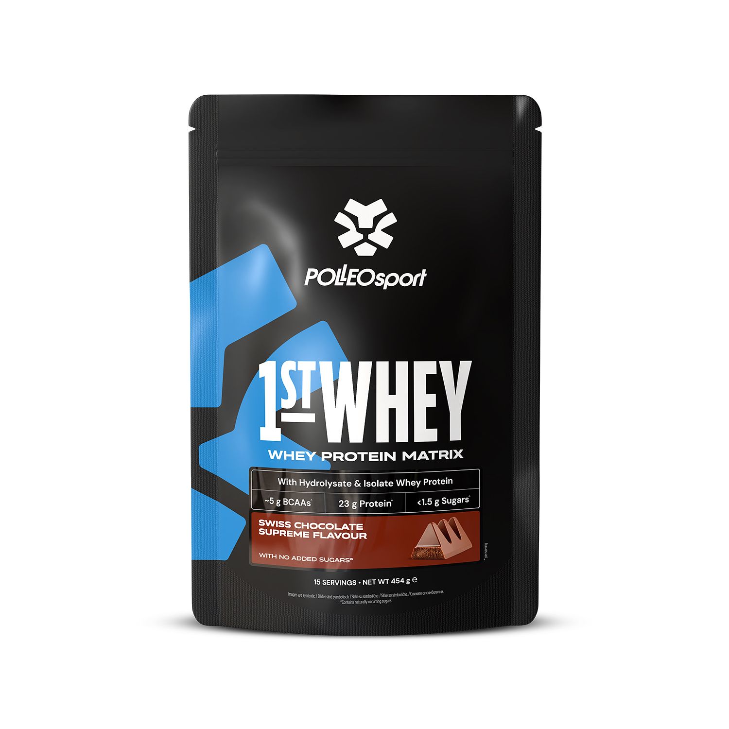 Zwarte zak "1ST:WHEY". Bevat Whey Protein Matrix. Swiss Chocolate Supreme. Netto gewicht 454g.