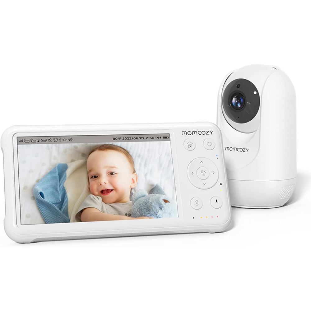 Babyphone avec caméra et écran 5 pouces, montre un bébé.