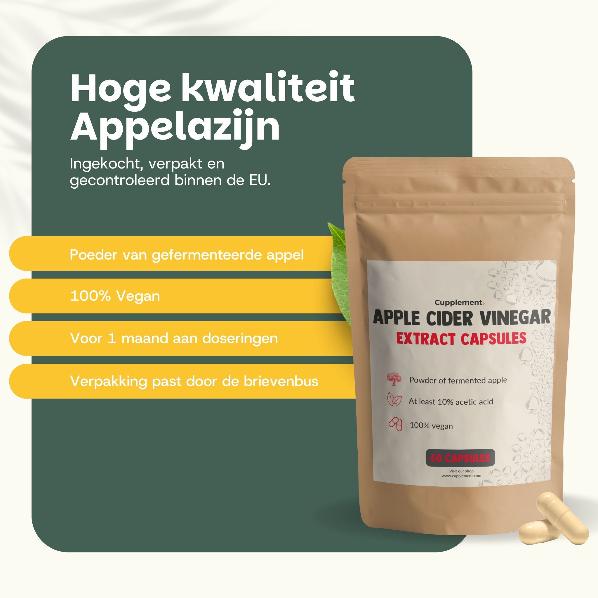Advertentie met tekst en zakje met capsules. Tekst: Apple Cider Vinegar Extract Capsules. Capsules ernaast.