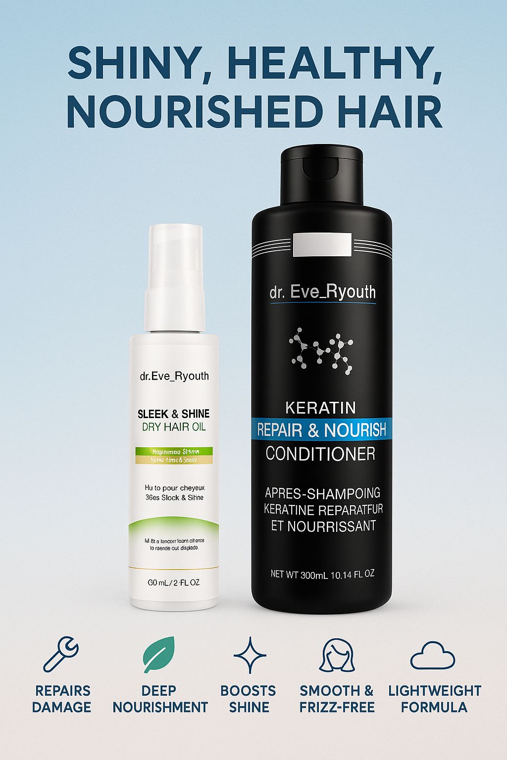 Deux flacons: huile capillaire et revitalisant à la kératine. Flacon noir avec texte blanc, petit flacon blanc avec pompe. Texte: Shiny, Healthy, Nourished Hair.