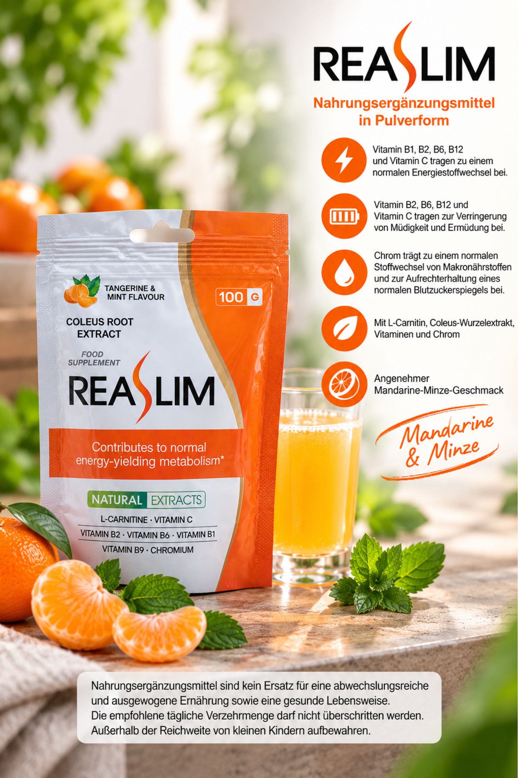 ReaSlim zakje van 100g, mandarijn & munt smaak. Bevat Coleus wortelextract, L-Carnitine, vitaminen.