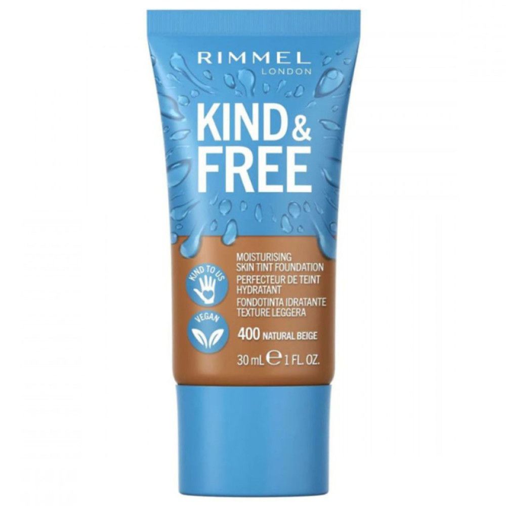 Tube de fond de teint Rimmel Kind & Free. Bleu et marron. Texte descriptif.