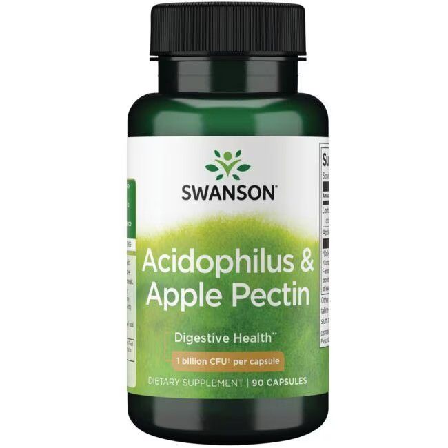 Groene fles met zwarte dop. Opschrift: SWANSON Acidophilus & Apple Pectin. 90 capsules. Spijsverteringsgezondheid.