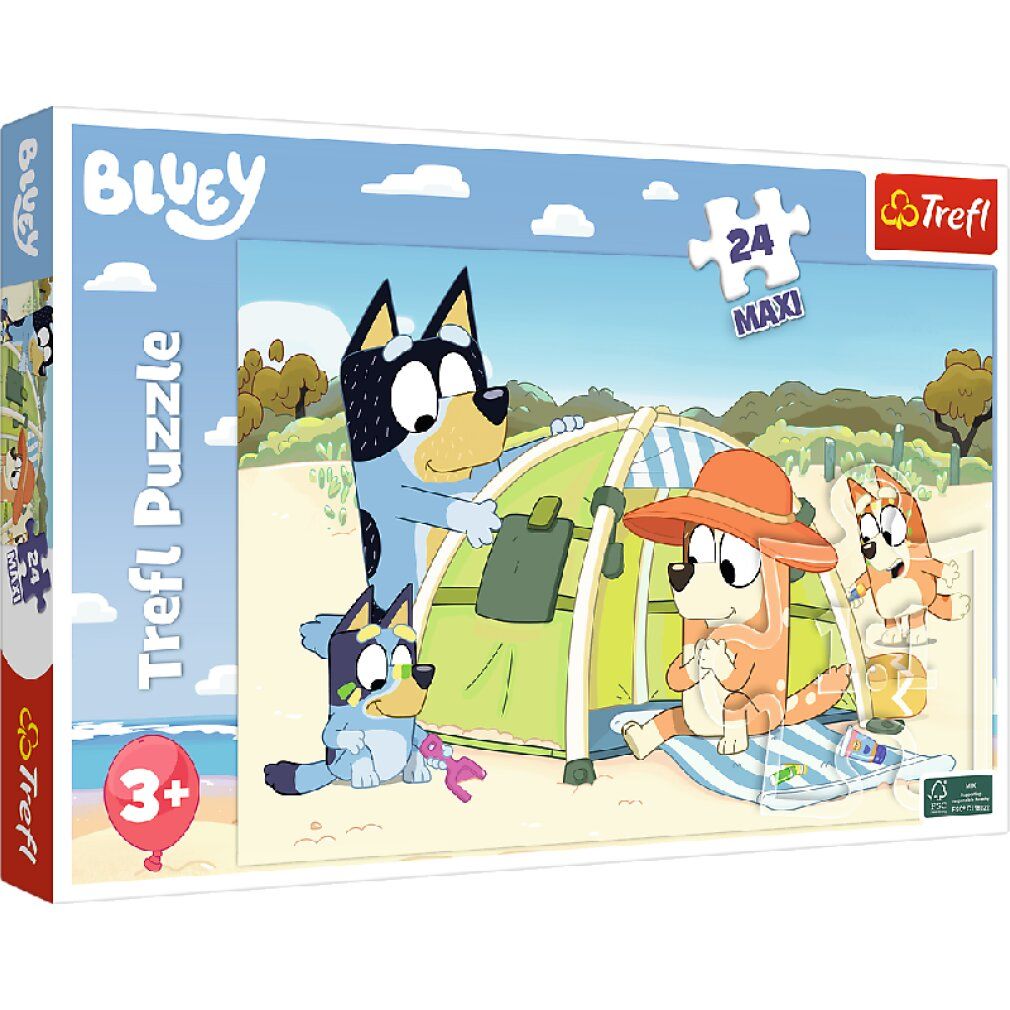 Puzzelverpakking. Bluey-puzzel met 24 Maxi-stukken. Figuren op het strand. Logo's: Bluey, Trefl, 3+.