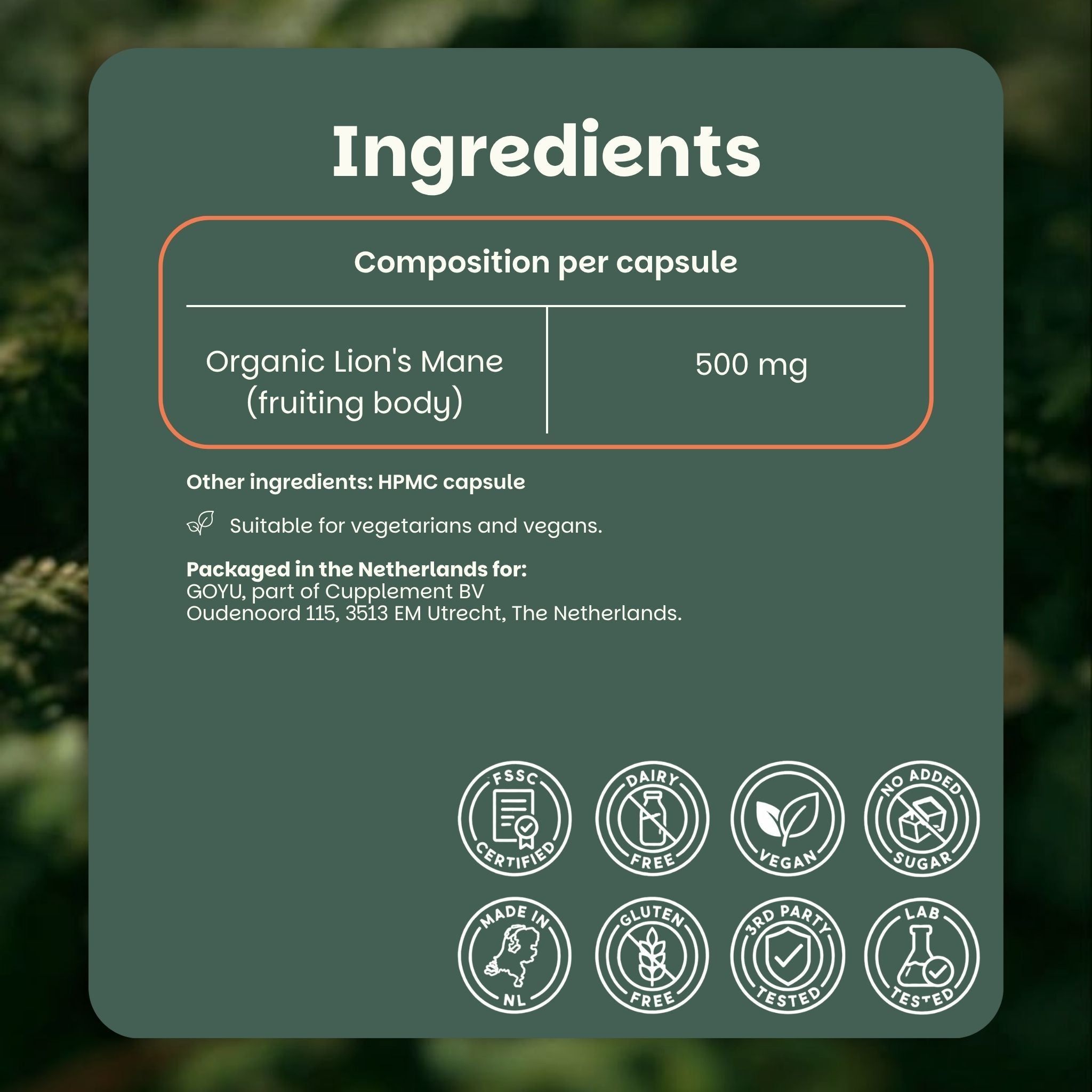 Comparaison GOYU Lion's Mane : emballage kraft durable, tests qualité, sans additifs, format boîte aux lettres vs plastique.