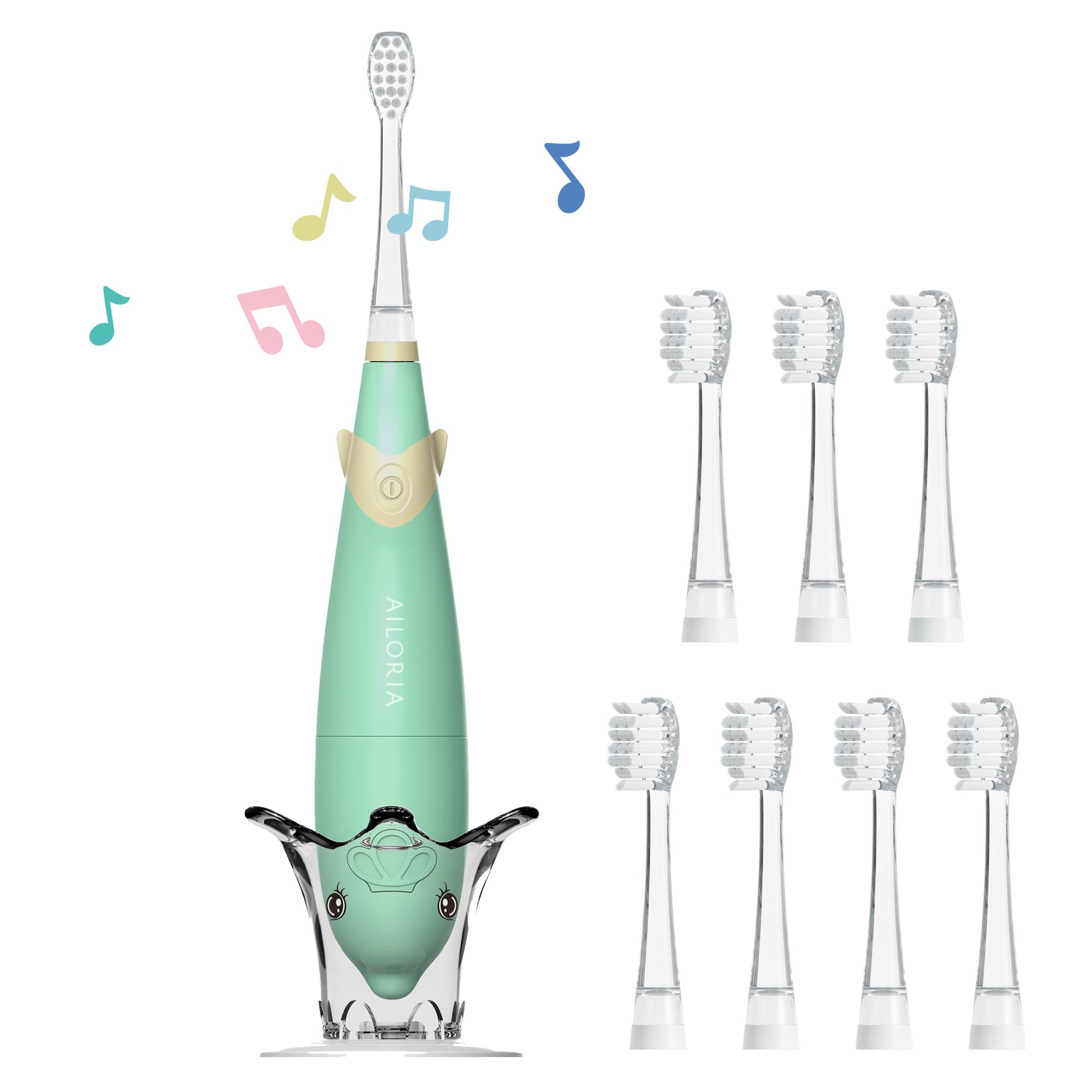 Brosse à dents verte avec support et têtes de rechange. Logo AILORIA. Notes de musique.
