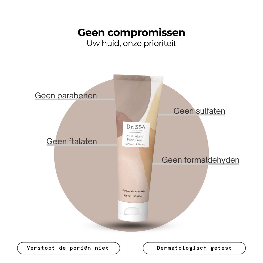 Crèmetube "Dr. SEA Multivitamin Foot Cream". Tekst: Zonder parabenen, ftalaten, sulfaten, formaldehyde. Dermatologisch getest.