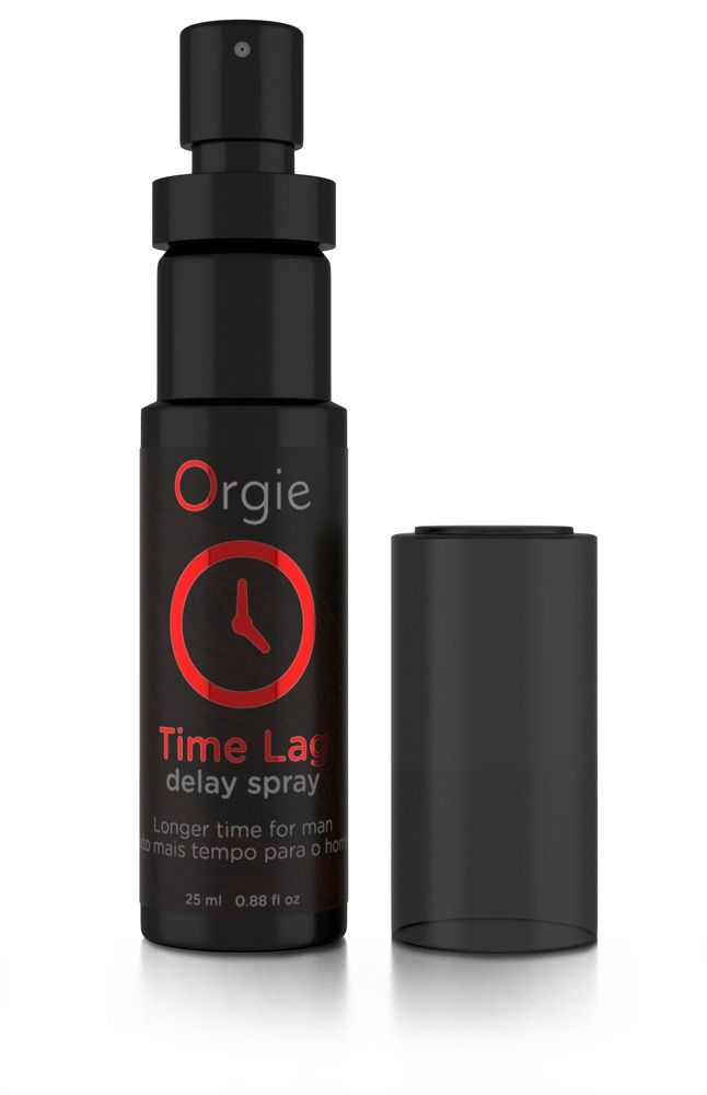 Flacon pulvérisateur noir avec logo et texte rouges. Nom du produit : Time Lag delay spray. Marque : Orgie. 25 ml. Avec bouchon.