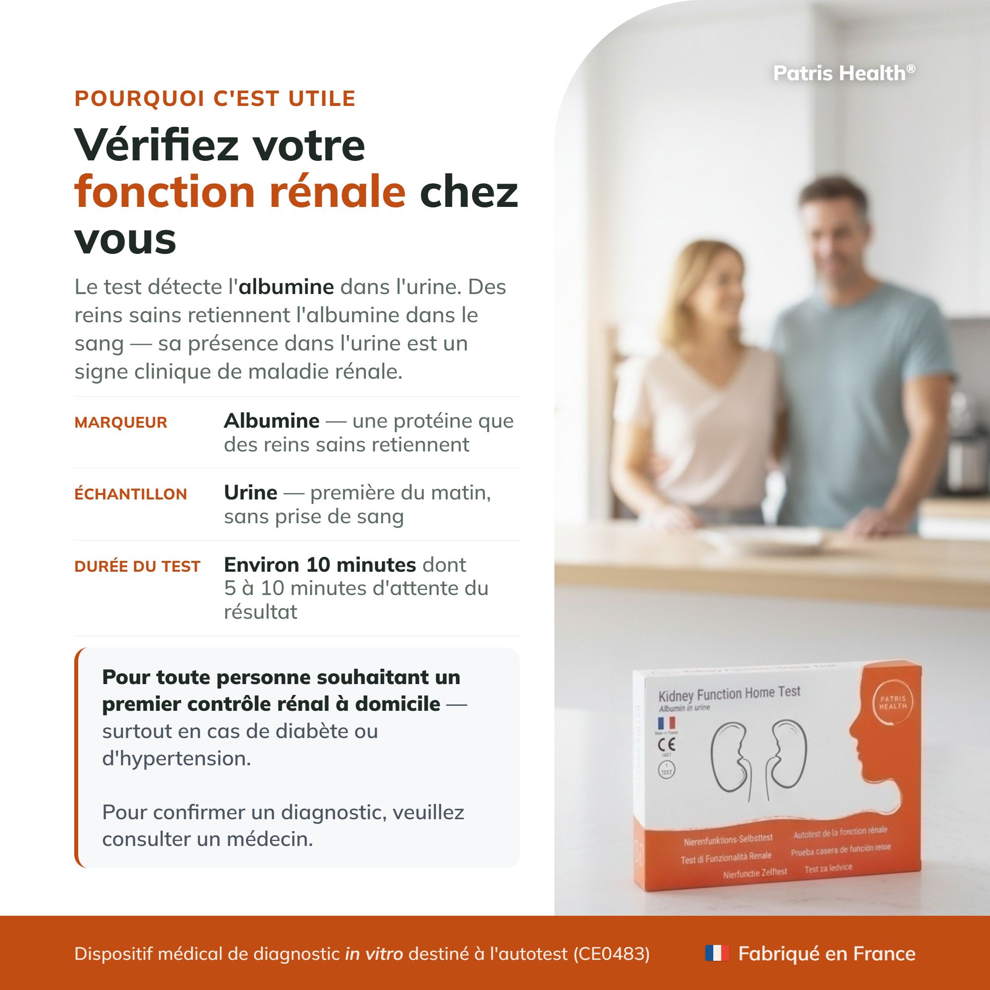 Boîte de test rénal avec informations sur l'utilisation et l'origine.