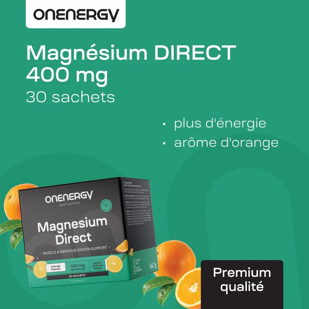 OnEnergy Magnesium Direct, 400 mg, 30 sachets. Femme au parc. Oranges et éléments verts.