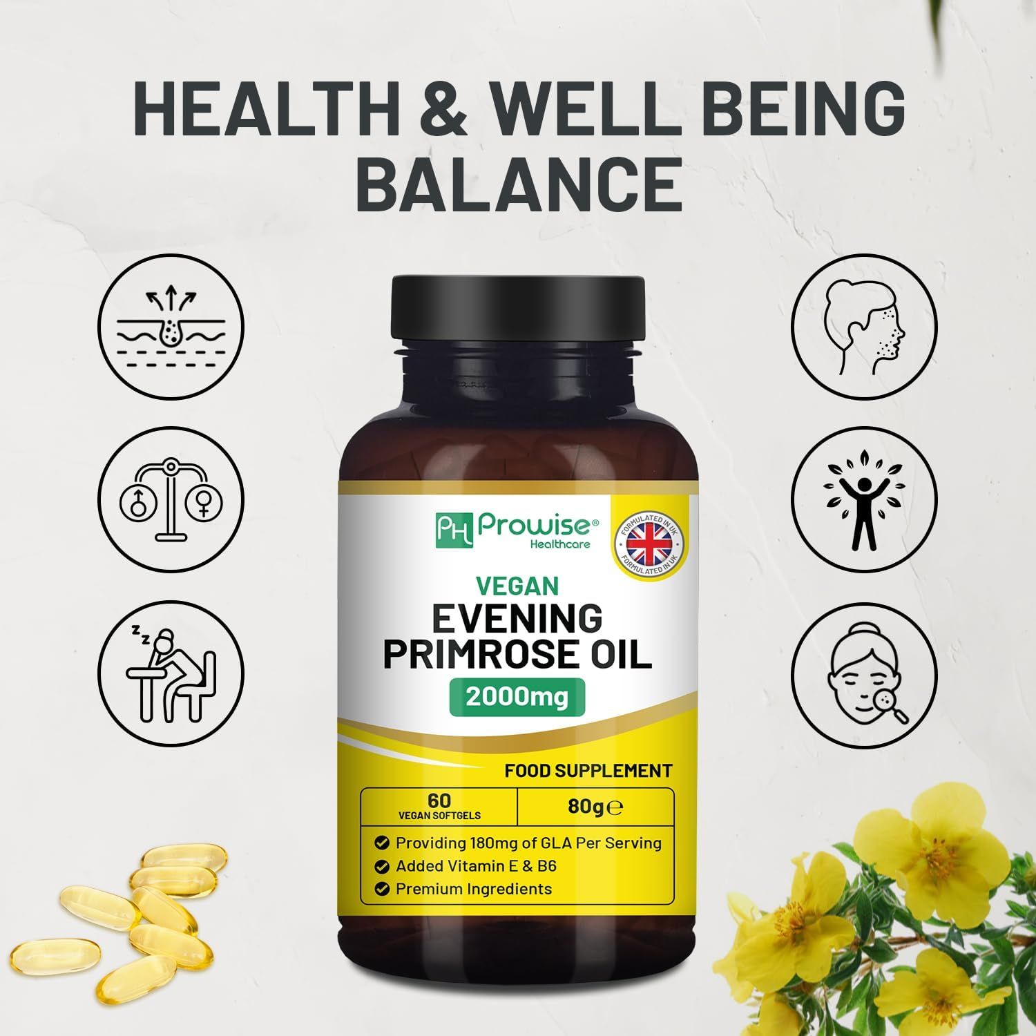Bruine fles Prowise Veganes Nachtkerzenöl Softgels. Opschrift: Vegan Evening Primrose Oil 2000mg. 60 softgels. Met iconen.