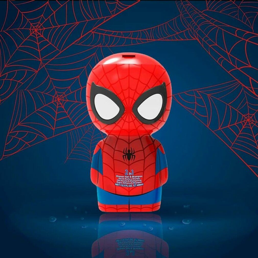 Rode Spiderman fles, 2-in-1 douchegel & shampoo. Spiderman gezicht met ogen, spinnenweb ontwerp, blauwe accenten. Achtergrond met spinnenweb.