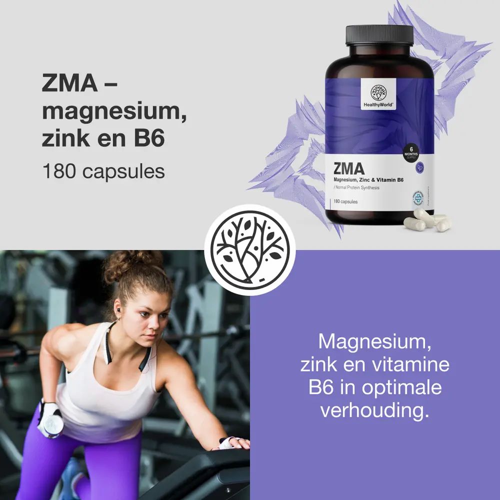 HealthyWorld ZMA capsulefles, vrouw aan het trainen, logo en tekst.