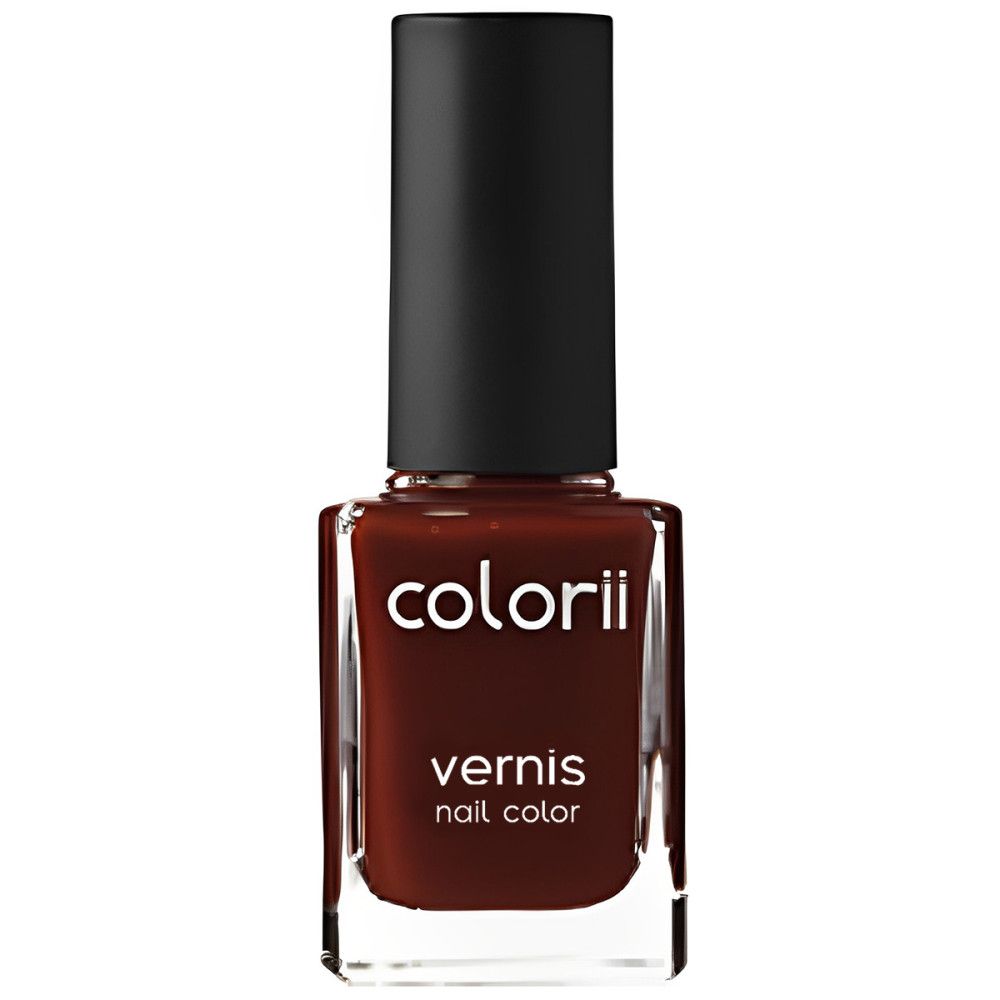 Flacon de vernis à ongles marron avec bouchon noir. Inscription : colorii, vernis, nail color.