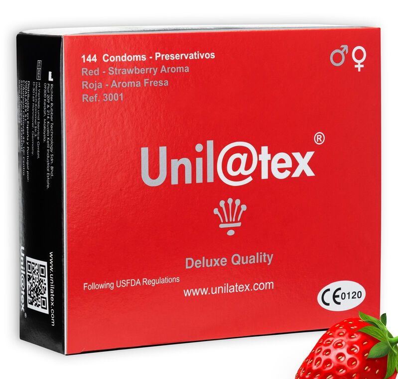 Emballage rouge avec informations produit. Inscription: Unil@tex, Deluxe Quality, marquage CE. Contient 144 préservatifs. Fraise.