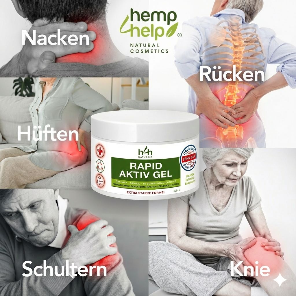 Witte pot met groen etiket. Tekst: Rapid Aktiv Gel. Gebieden: nek, rug, heupen, schouders, knieën. Hemp Help Natural Cosmetics.