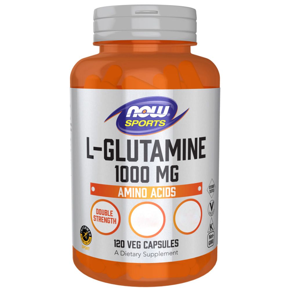 Vue de face d'une bouteille orange avec une étiquette blanche. Contient L-Glutamine, 1000 mg, 120 gélules végétales. Double force.