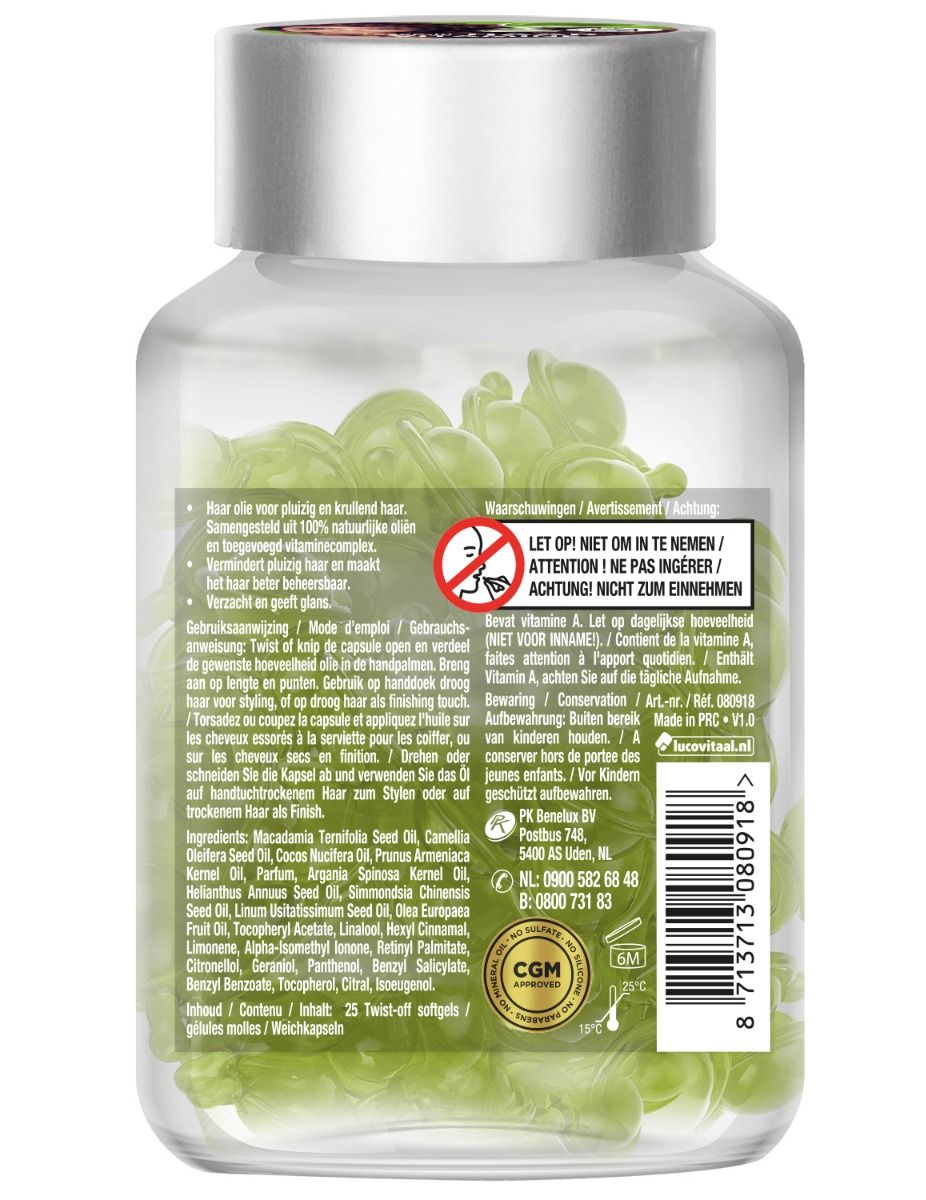 Achterkant van de haarvitamine capsule verpakking. Tekst: Waarschuwingen, ingrediënten, gebruiksaanwijzing. Bevat 25 twist-off softgels. CGM kwaliteitslabel.