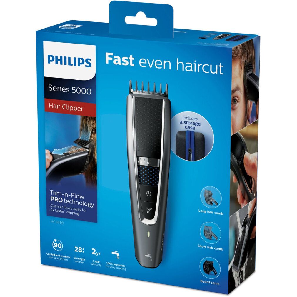 Emballage du tondeuse à cheveux Philips Series 5000 avec illustrations et caractéristiques du produit.