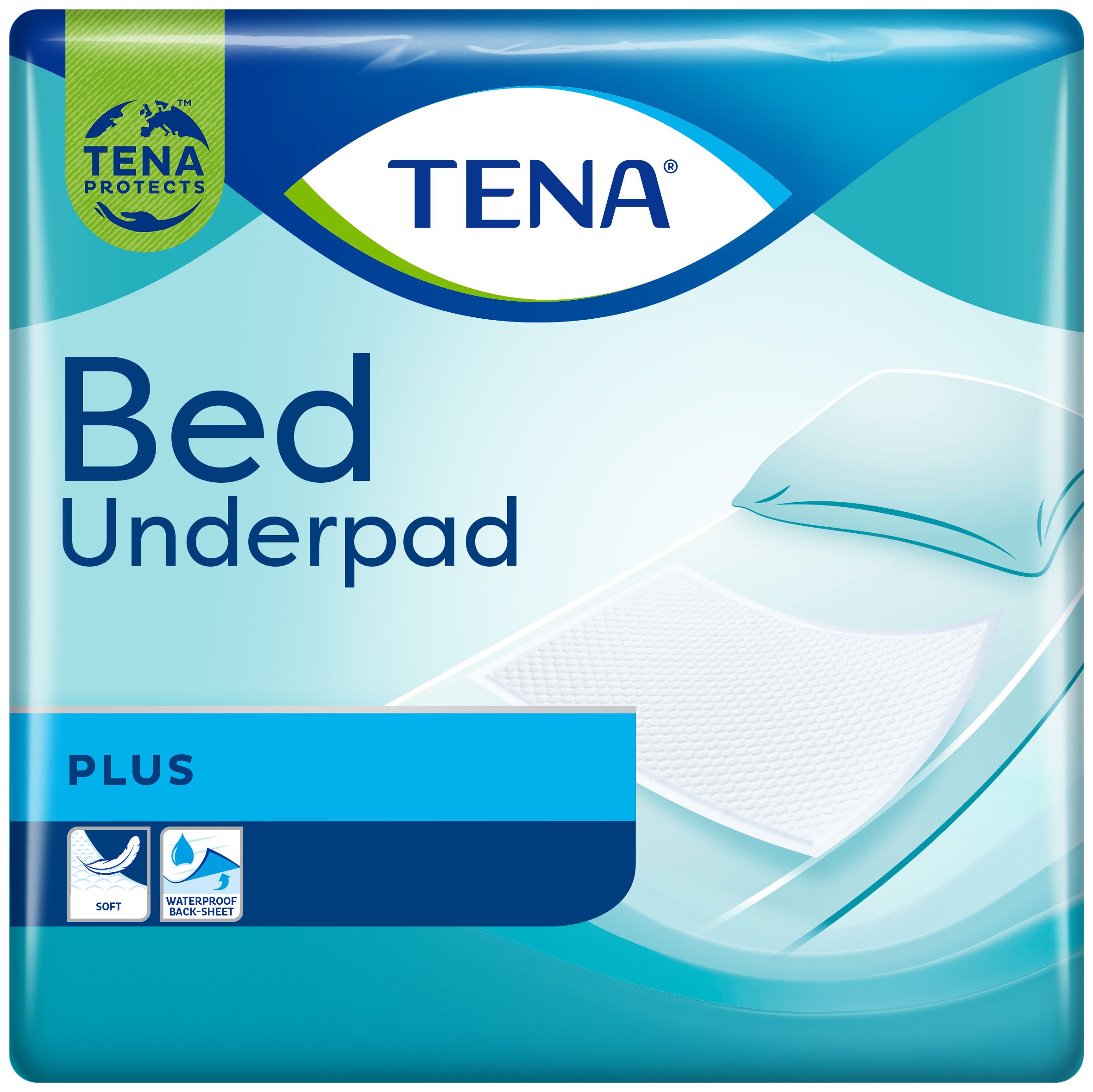 Verpakking TENA Bed Underpad Plus. Blauw-wit ontwerp. TENA-logo en productnaam. Zachte, waterdichte achterkant.