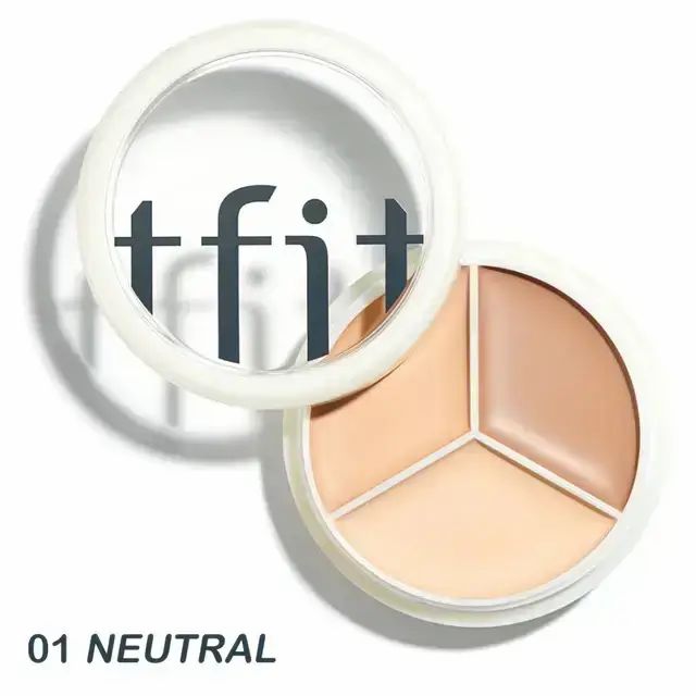 Ronde concealer palette met drie tinten. 'tfit' logo en '01 Neutraal' gelabeld. Witte houder.