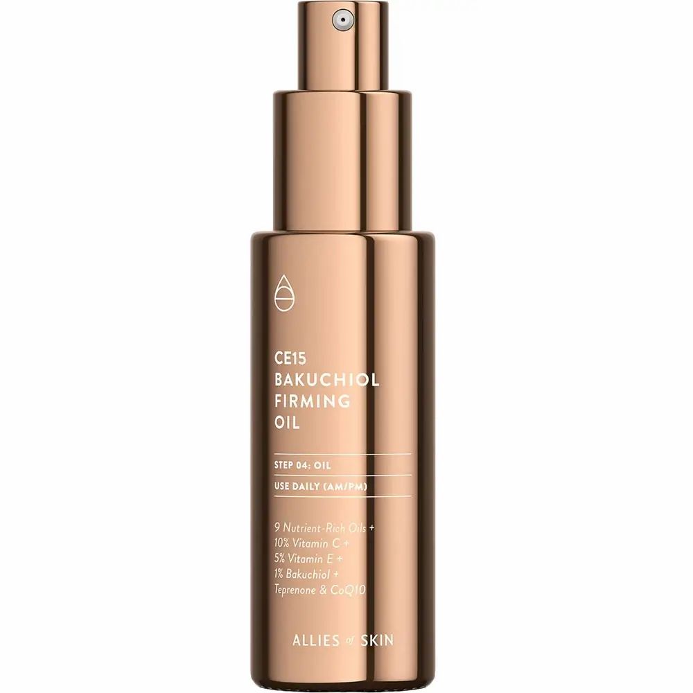 Koperkleurige oliefles met productnaam en ingrediënten. Op witte achtergrond.