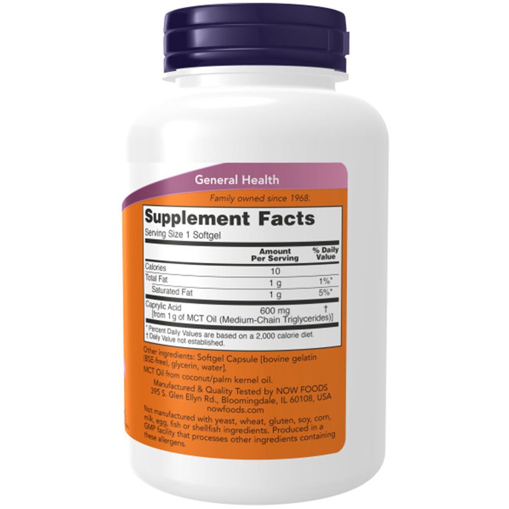 Étiquette Supplement Facts sur une bouteille blanche avec un bouchon violet. Indique les calories, les lipides et l'acide caprylique.